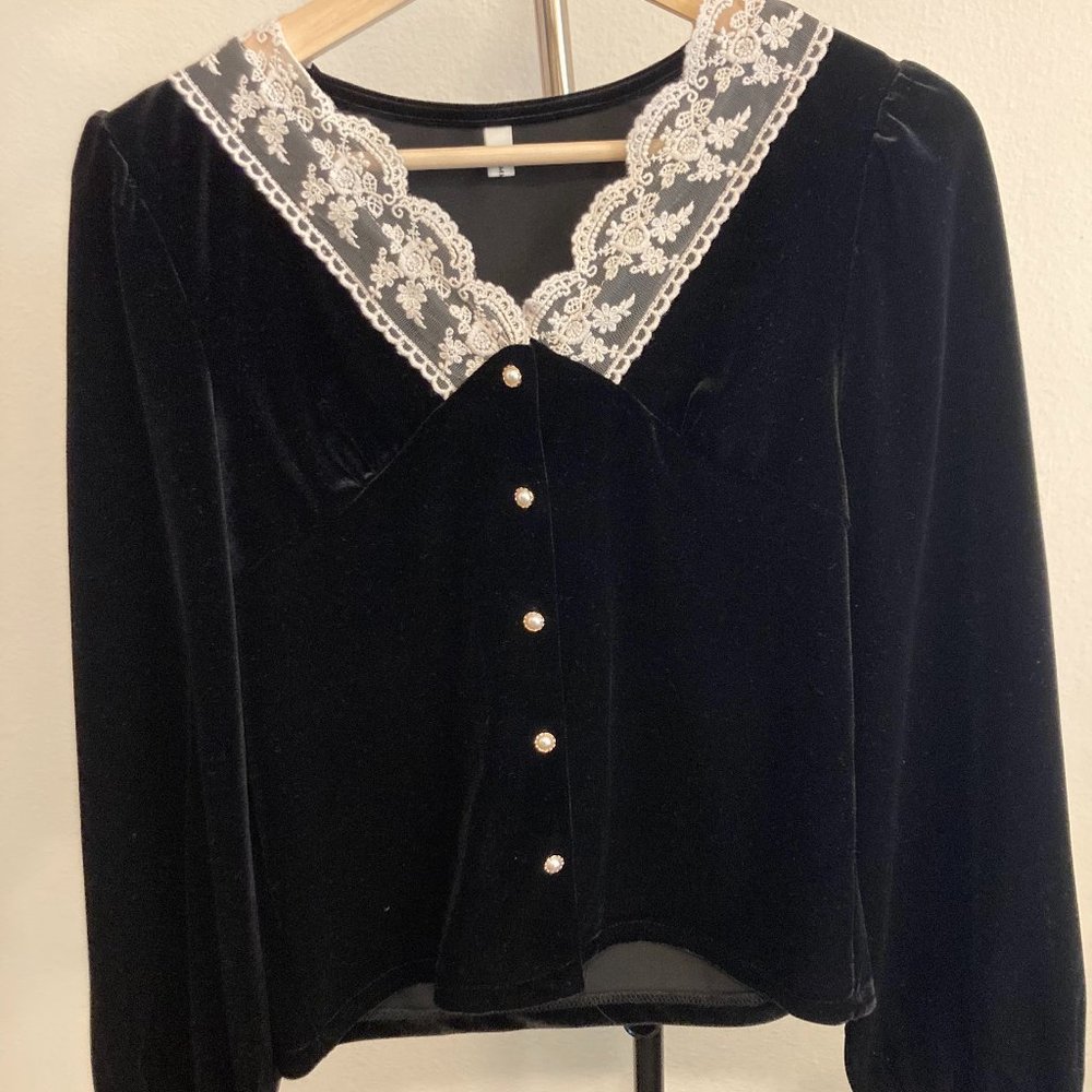 CHERRYKOKO - Lace-Trim Velvet Blouse [Black ]